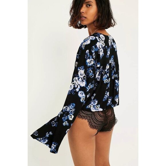 Free People Intimately Black Floral Forties Feels Bell Sleeve Bodysuit XS/TP - Picture 3 of 9